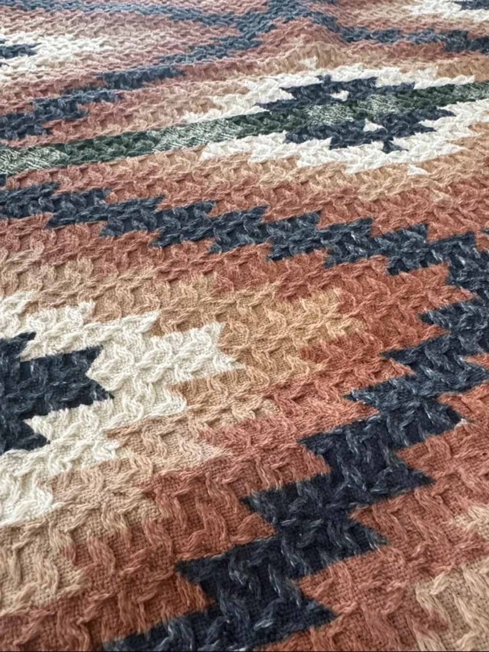 Aztec Geometric pattern woven Throw Blanket Tan Navy Rust Cotton 52x64 NEW